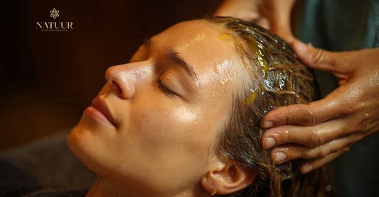 Traditional Ayurvedic hair oil with herbs vs chemical salon treatment comparison for natural hair health