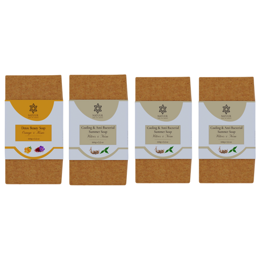 4 summer soaps - orange kesar, haldi besan, neem vetiver, vanilla sandalwood (100 gms x 4)