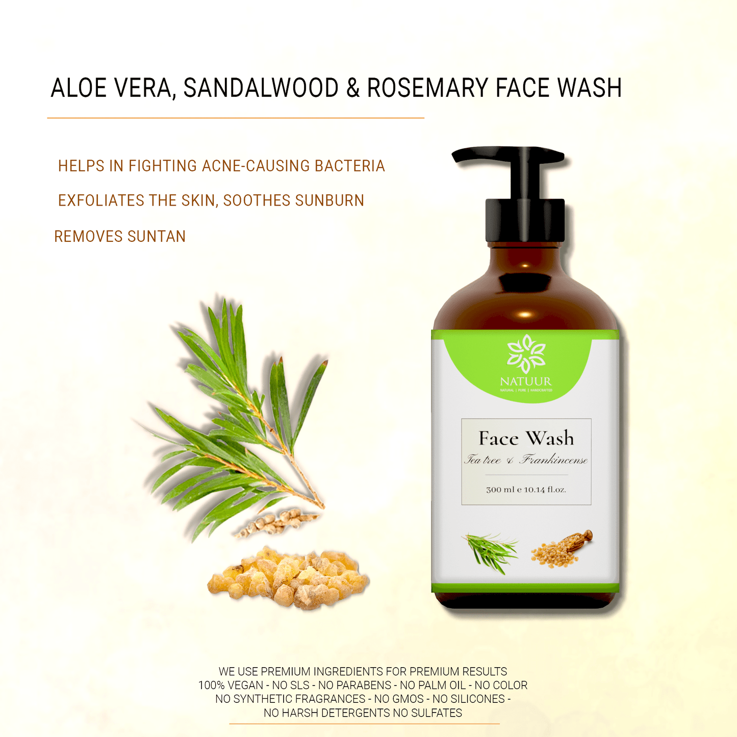 Face Wash Tea tree, Peppermint & Frankincense - Cleansing and Brightening. For Acne Prone skin 300 ml - Natuur.in