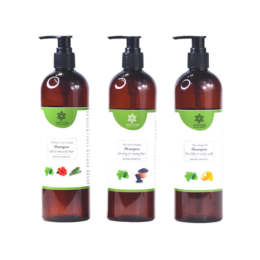 Shampoos - Aloe Orange Peel, Aloe hibiscus curry leaves, Aloe kalonji 500 ml x 3