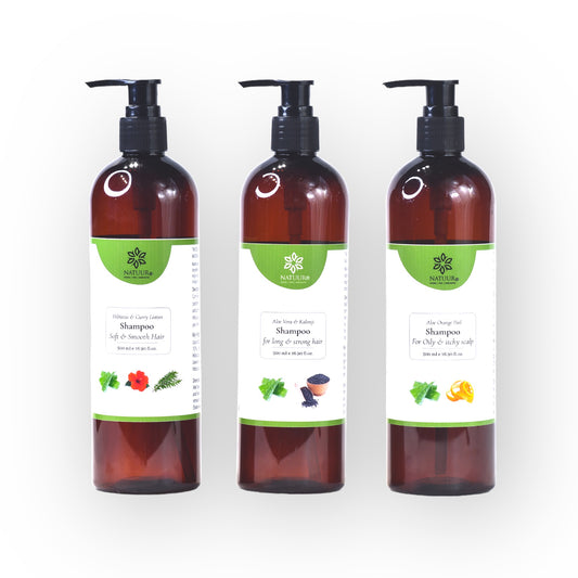 Shampoos - Aloe Orange Peel, Aloe hibiscus curry leaves, Aloe kalonji 500 ml x 3