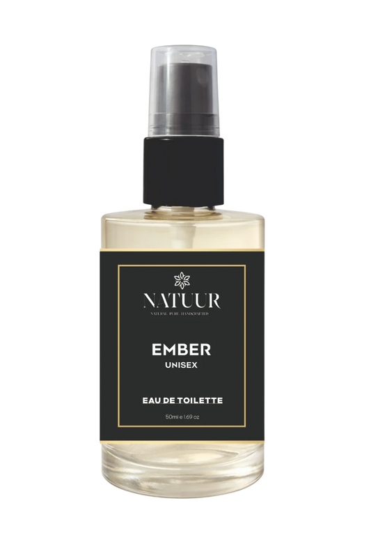 Natuur.in Ember unisex eau de toilette in a clear glass spray bottle with a black label and cap.