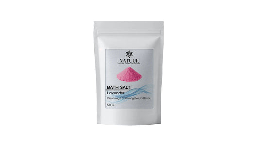Natuur lavender sleep bath salts in a 50g white pouch with Himalayan salt for a calming beauty ritual