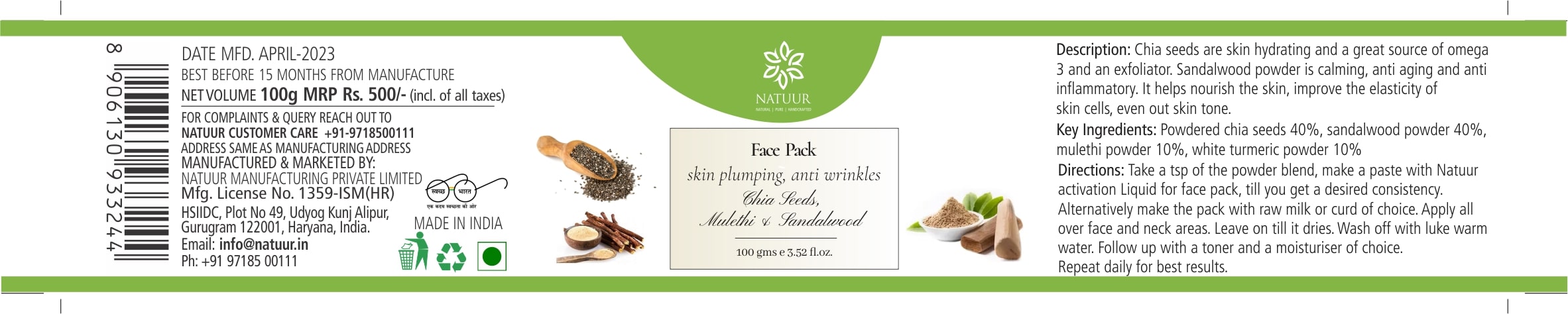 Natuur face pack - chia seeds, mulethi and sandalwood - skin plumping - Natuur.in