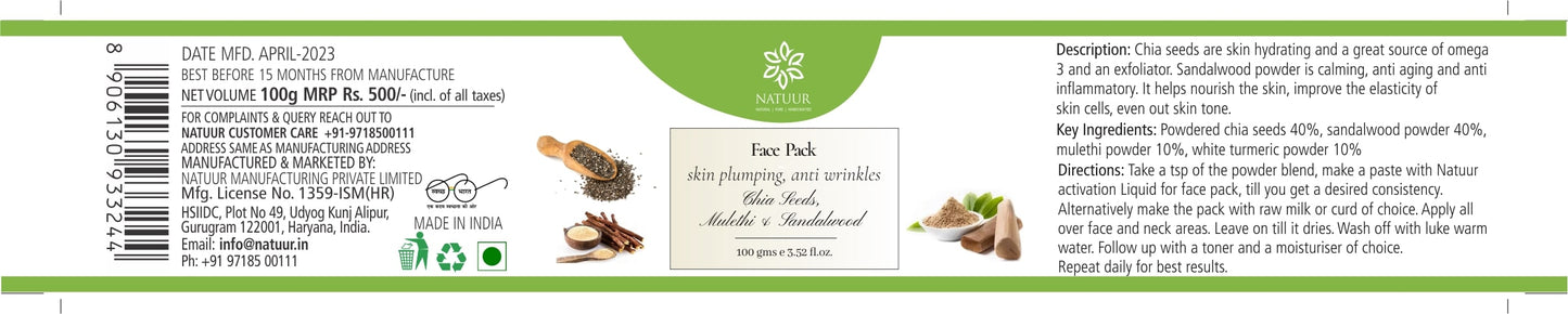 Natuur face pack - chia seeds, mulethi and sandalwood - skin plumping - Natuur.in