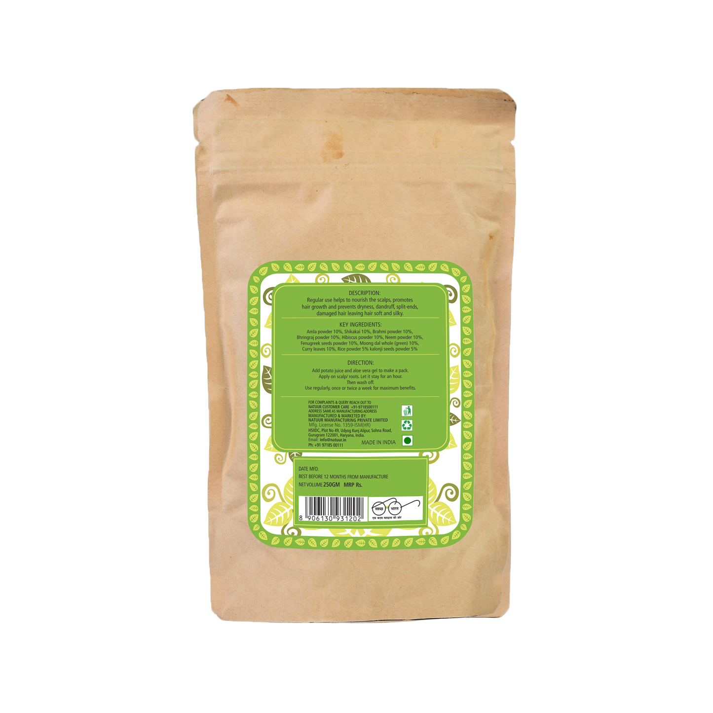 Hair Pack - Amla, Shikakai, Reetha, Brahmi , Bhringraj , Neem , Hibiscus , Green Gram & Potent natural additives   - Protein Rich Growth Stimulating Hair Manure