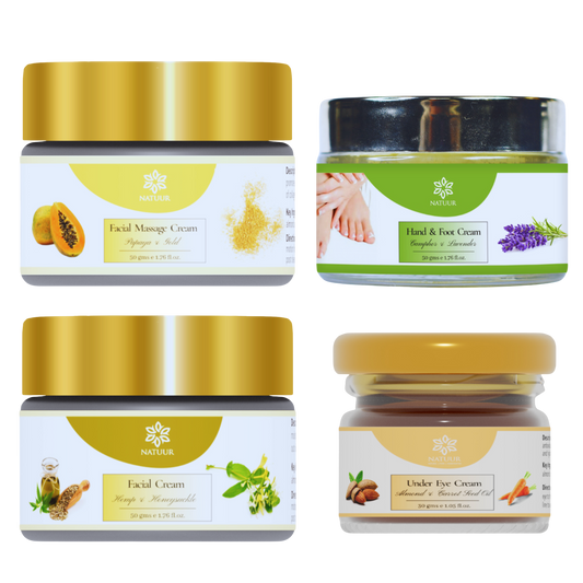 4 creams - anti aging, under eye, hand and foot cream, hemp honeysuckle cream (50 + 15 + 50 + 50 gms )