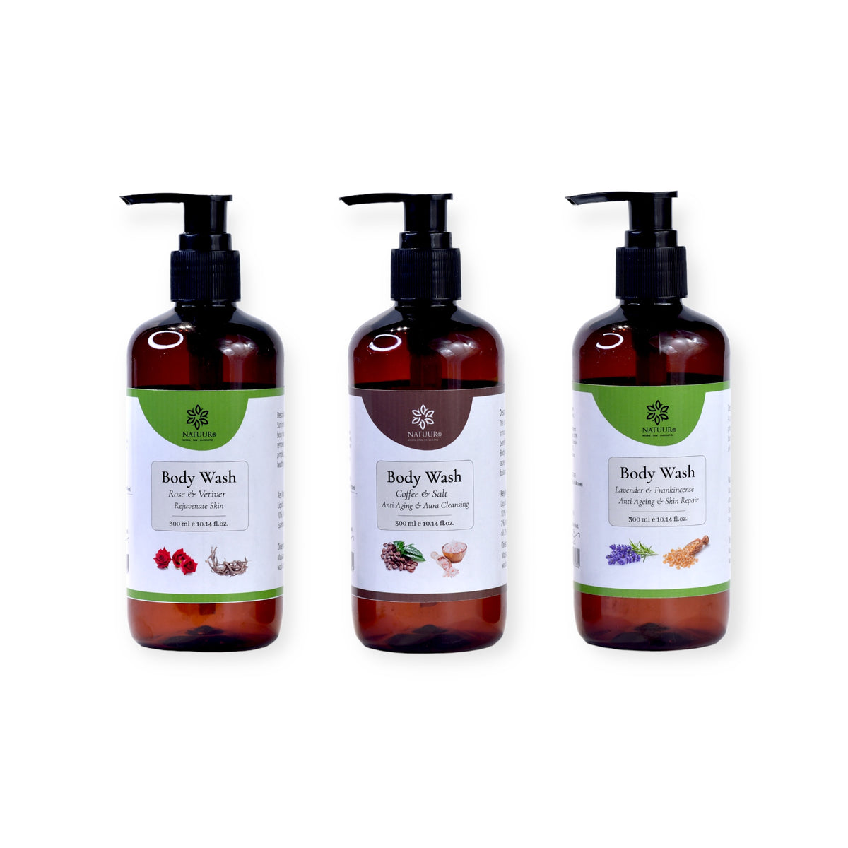 Body Washes  -Rose Vetiver, Coffee Salt, Frankinsence Lavender 300 ml x 3