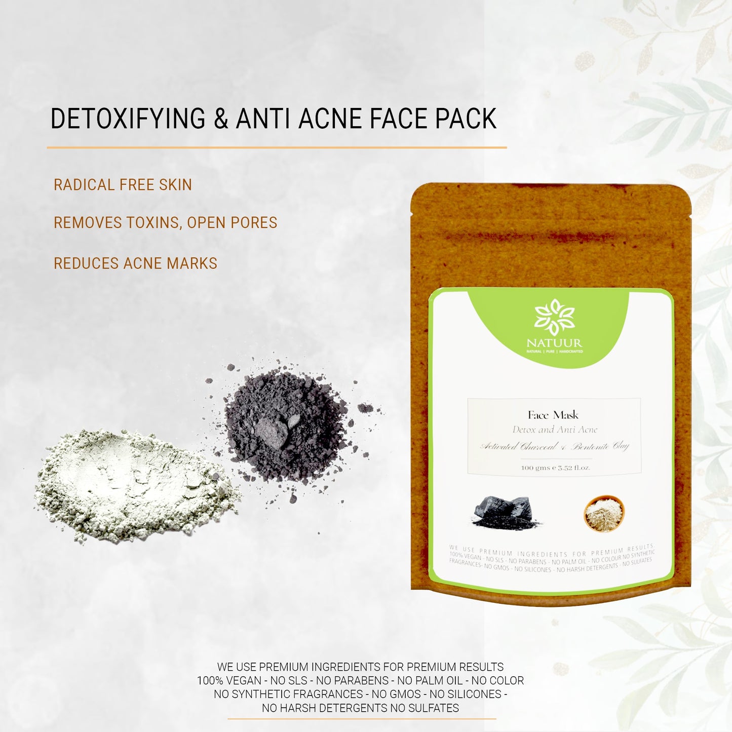 Face mask - Activated Charcoal & Bentonite Clay- Detox and Anti Acne - Natuur.in