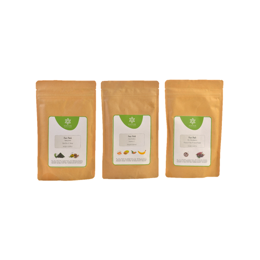 Face packs for aging skin ( Supergreens, Rhassoul Clay Cocoa Powder, Vitamin C ) 100 gms x 3