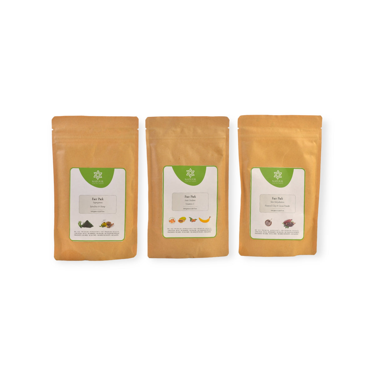 Face packs for aging skin ( Supergreens, Rhassoul Clay Cocoa Powder, Vitamin C ) 100 gms x 3