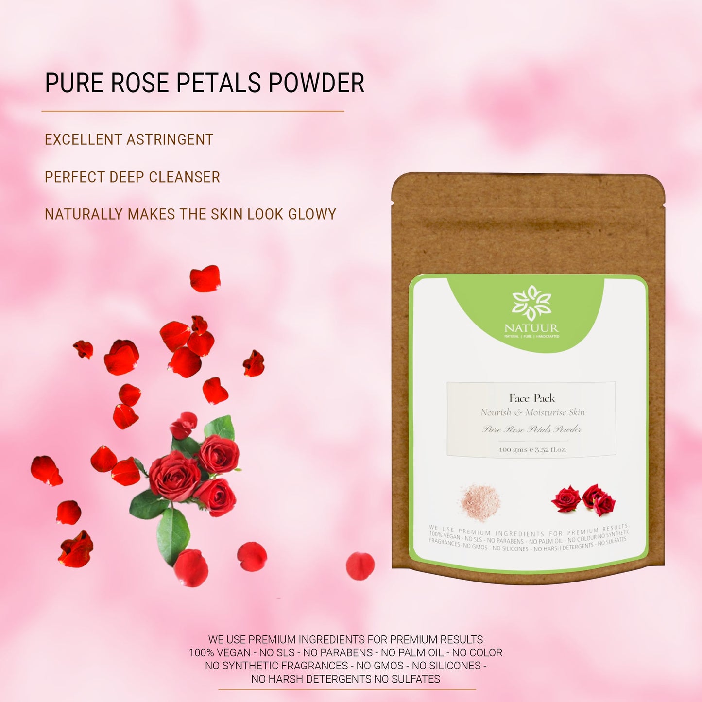 Rose petals powder 100g - Natuur.in