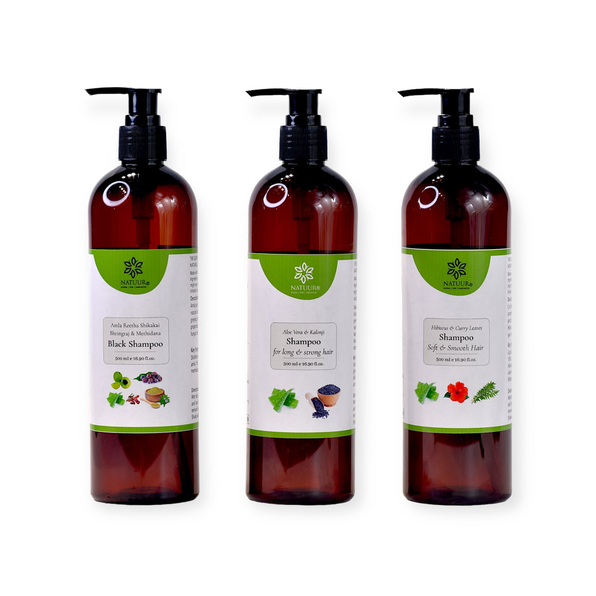 Shampoos - Black Shampoo, Aloe hibiscus curry leaves, Aloe kalonji 500 ml x 3