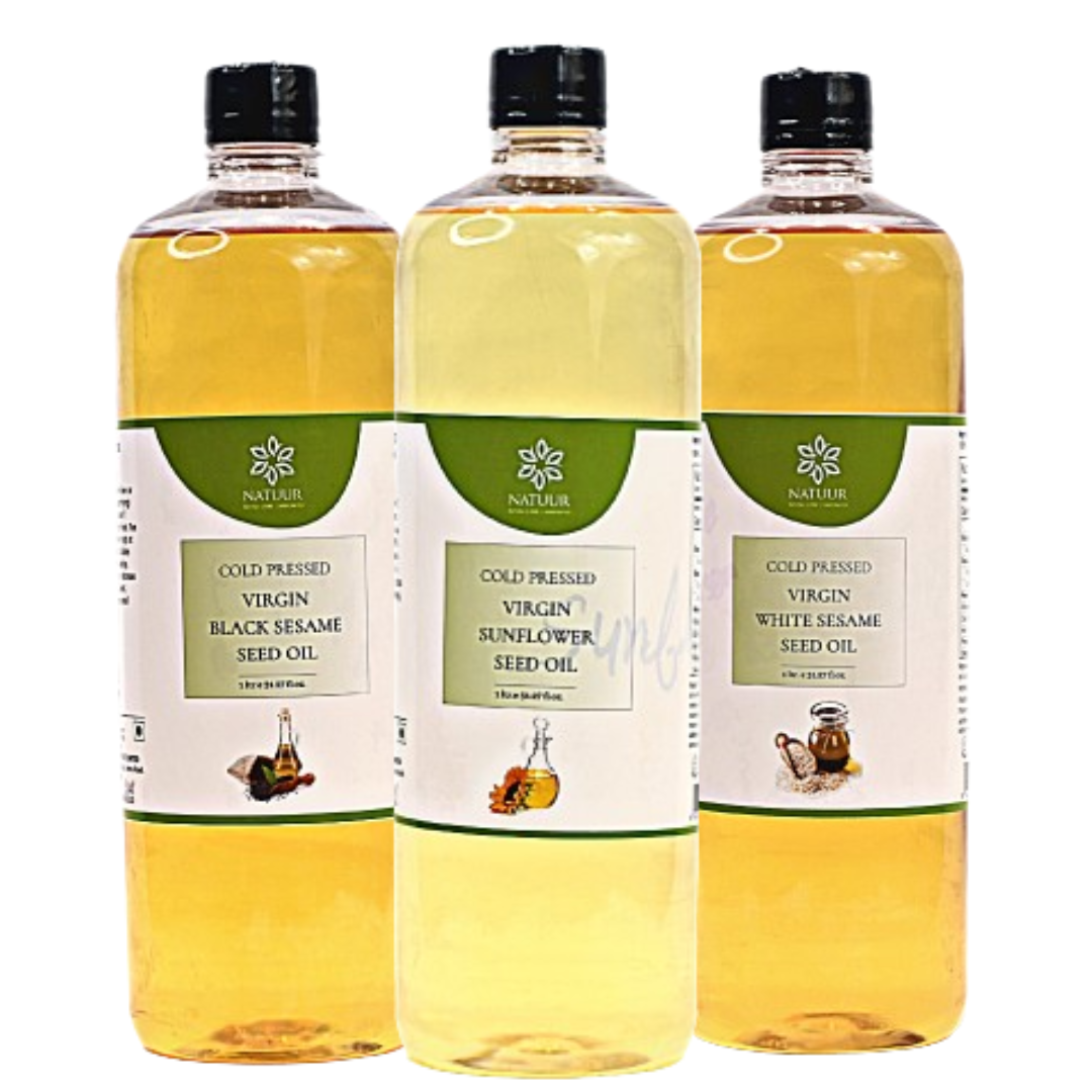 Natuur - Cold Press Edible Oil Pack of 3, 1 Litre each | White Sesame, Black Sesame, Sunflower Cooking Oil for Daily use | 100% Pure and Chemical-Free Oil