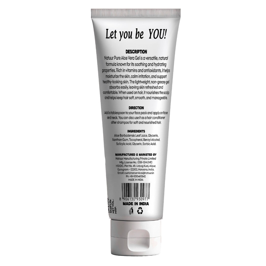 Back view of Natuur.in Soothing Aloe Gel tube showing product description, directions, and ingredient list.