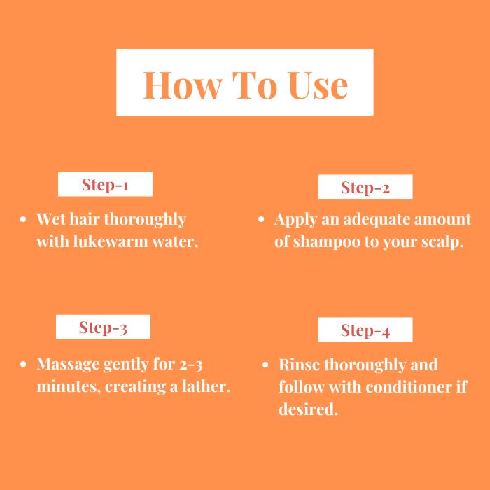 Natuur.in Aloe Orange Peel Shampoo usage instructions infographic on an orange background.