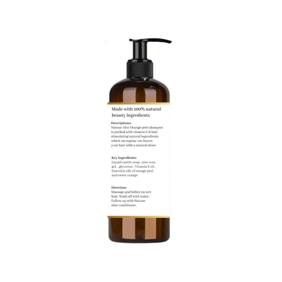 Natuur.in Aloe Orange Peel Shampoo in a brown pump bottle with natural ingredients for oily hair care