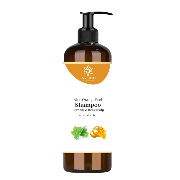 Natuur.in Aloe Orange Peel Shampoo in a brown pump bottle for oily and itchy scalp, featuring aloe and orange graphics.