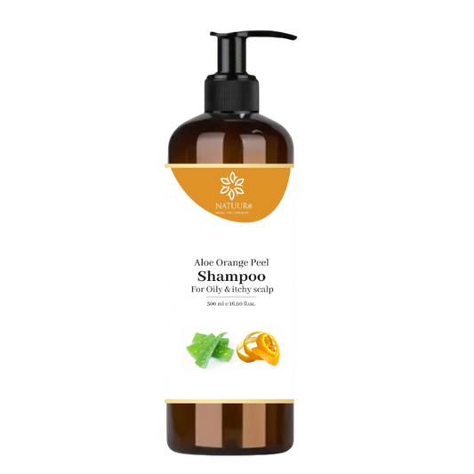 Natuur.in Aloe Orange Peel Shampoo in a brown pump bottle for oily and itchy scalp, featuring aloe and orange graphics.