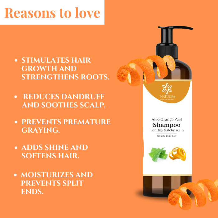 Natuur.in Aloe Orange Peel Shampoo bottle with aloe vera and orange zest, designed for oily and itchy scalps.