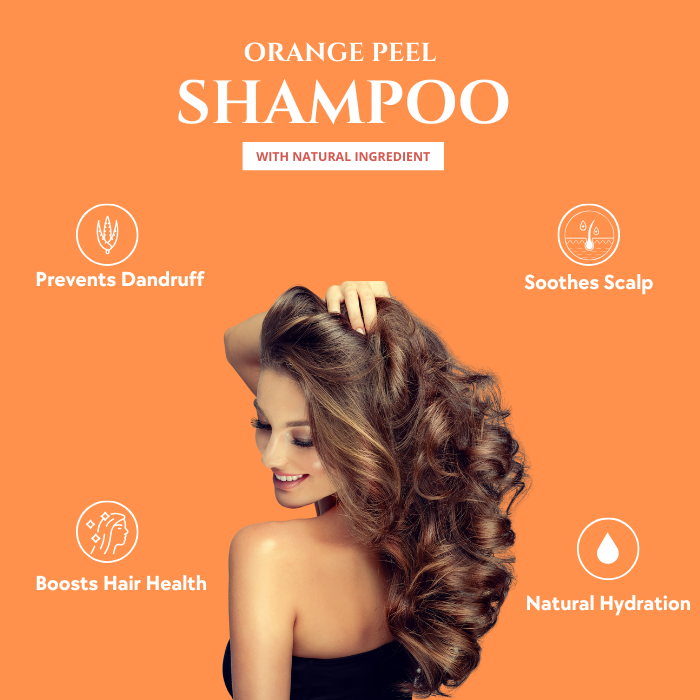 Natuur.in Aloe Orange Peel Shampoo advertisement featuring a woman with healthy hair and icons for scalp benefits.