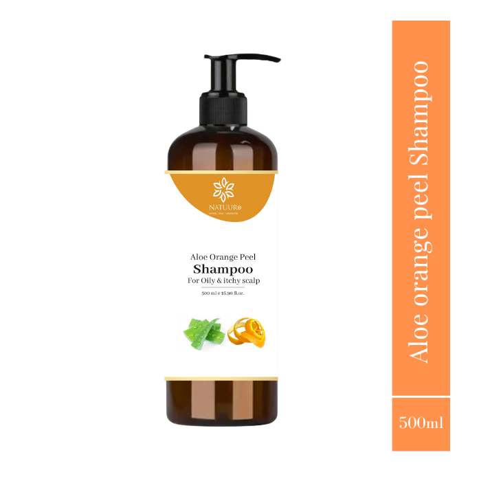 Natuur.in Aloe Orange Peel Shampoo in a 500ml brown pump bottle for oily and itchy scalp treatment.