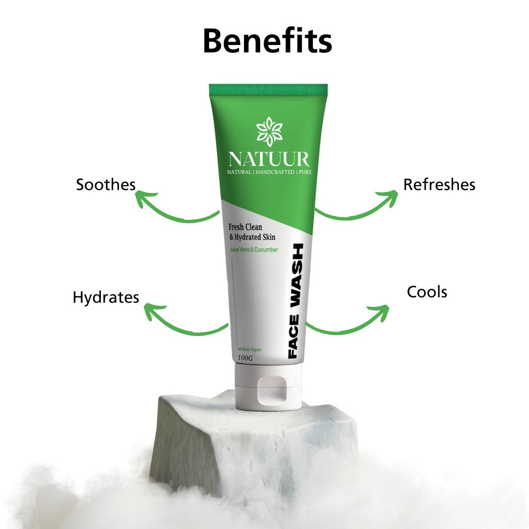 Natuur.in Daily Hydrating Face Wash with aloe vera and cucumber in a green and white tube on a stone pedestal