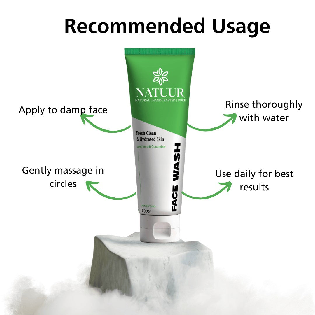 Natuur.in Daily Hydrating Face Wash tube with aloe vera and cucumber, featuring usage instructions on a stone base.