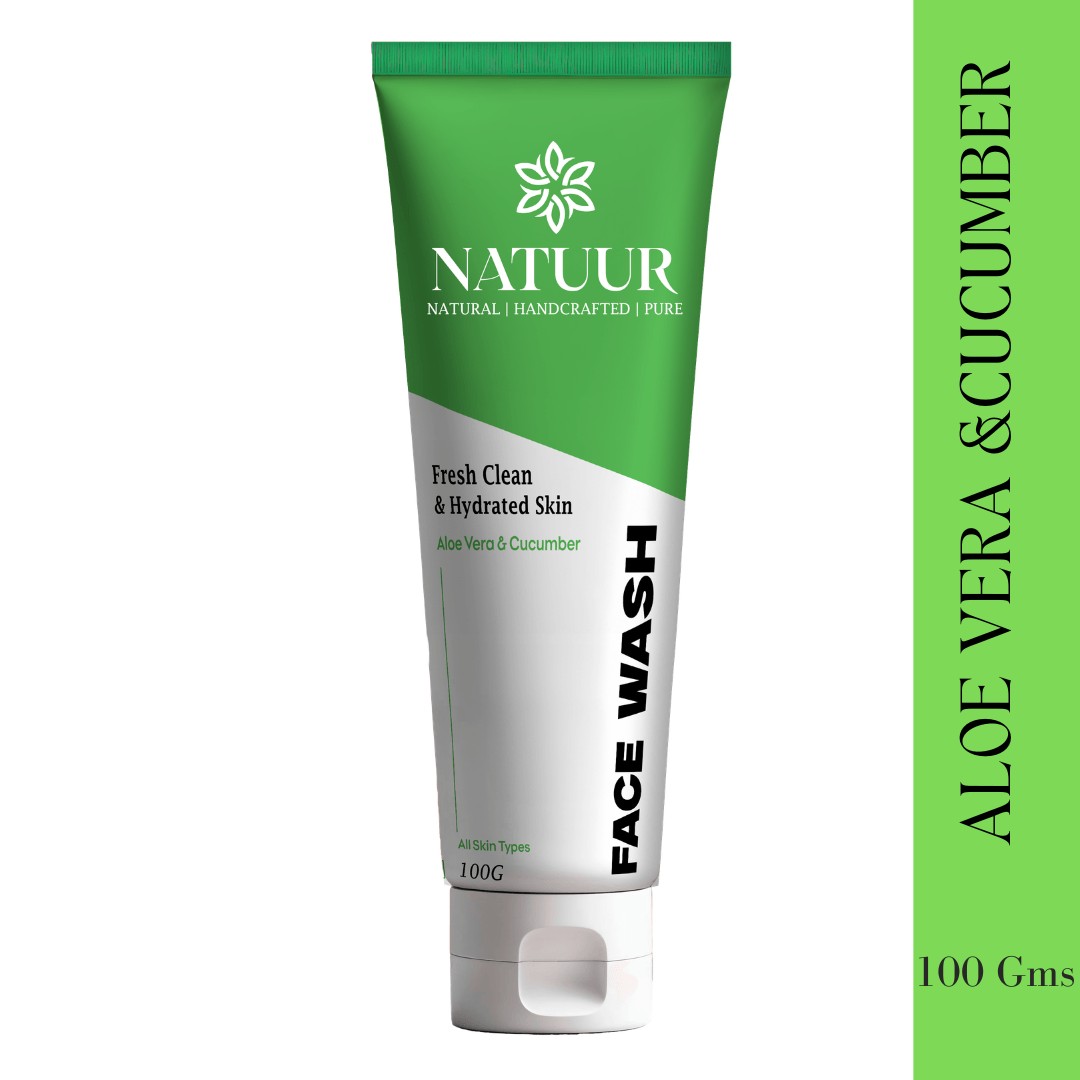 Natuur.in daily hydrating face wash in a green and white tube with aloe vera and cucumber extracts