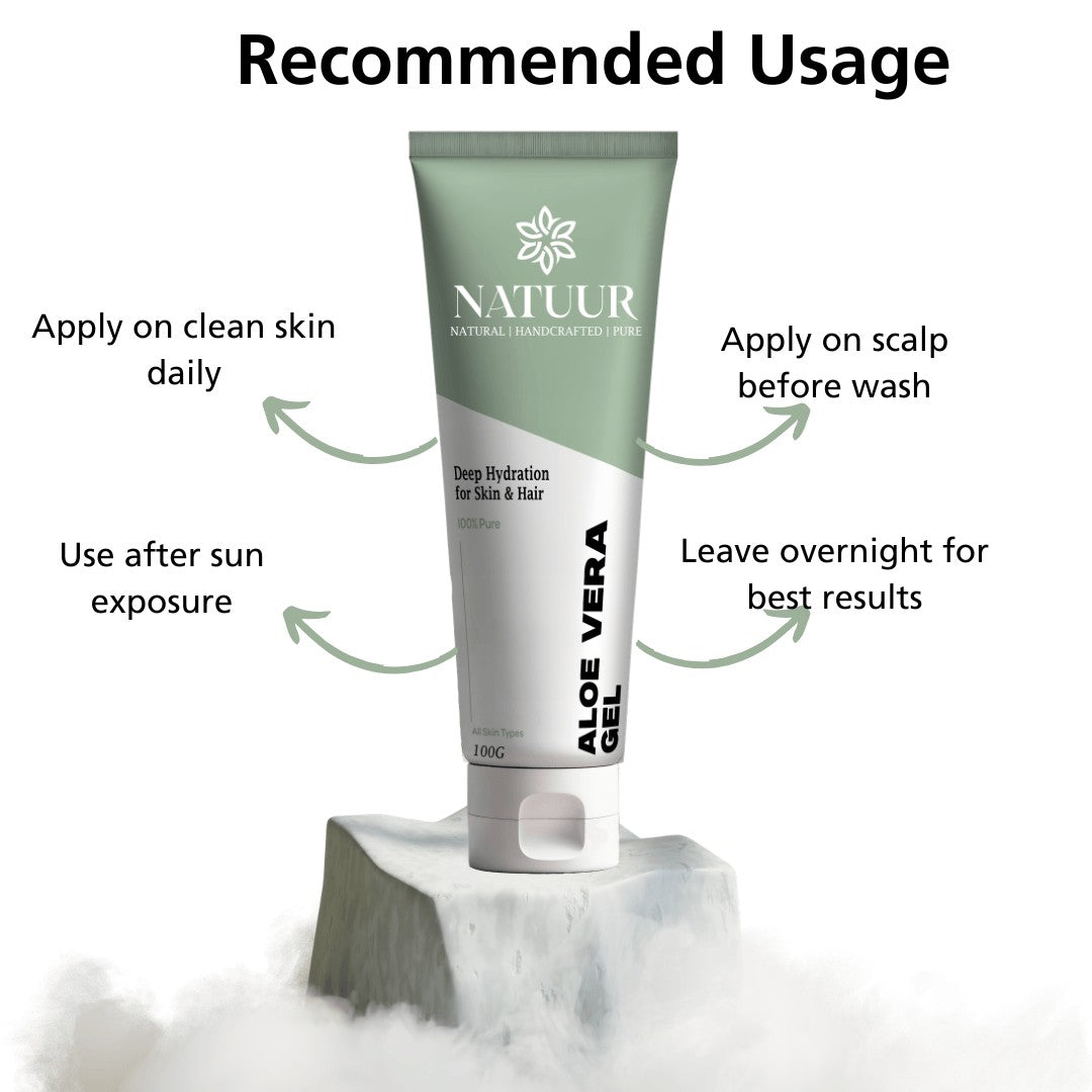 Natuur.in soothing aloe vera gel tube for skin and hair hydration on a stone pedestal with usage instructions