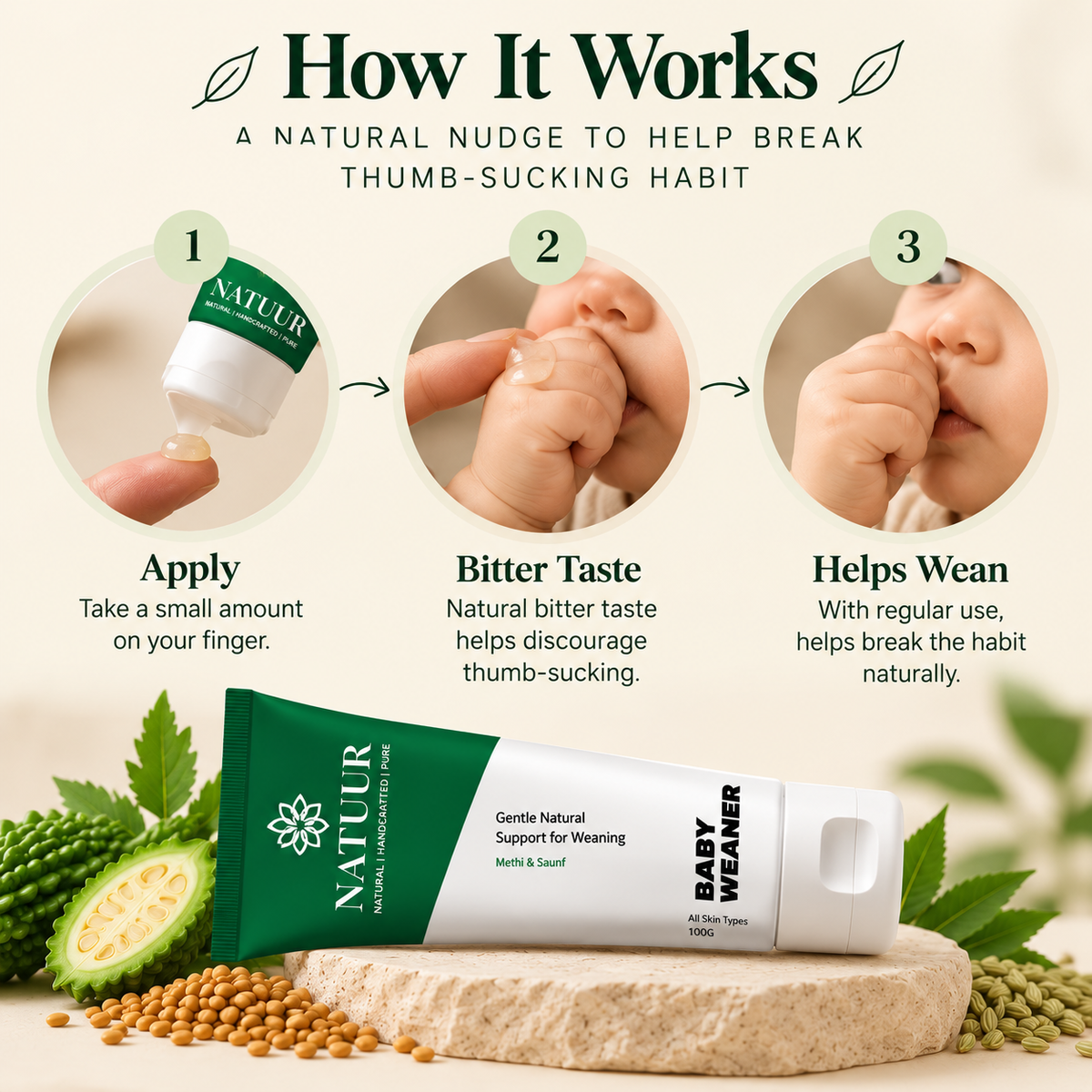 Natuur.in Baby Weaner herbal cream for natural thumb-sucking and weaning support with bitter melon and neem extract.