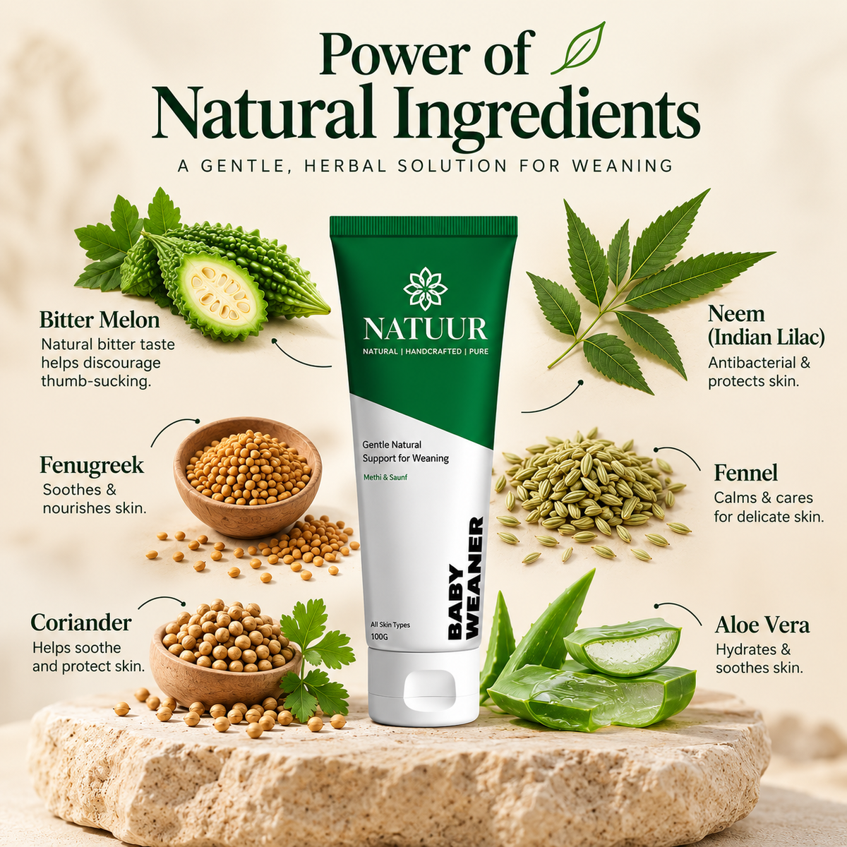 Natuur.in Baby Weaner herbal cream tube surrounded by bitter melon, neem, fenugreek, fennel, coriander, and aloe vera.