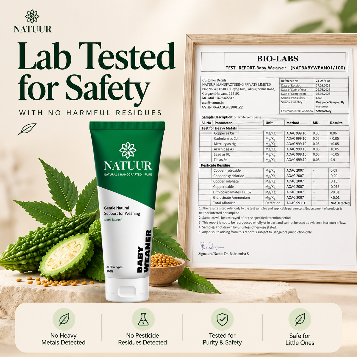 Natuur.in baby weaner cream tube with bitter melon and neem ingredients next to a lab safety test report document