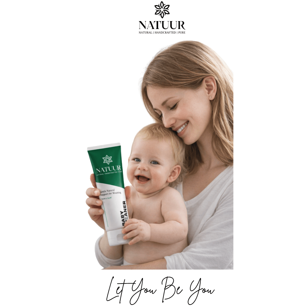Natuur.in Baby Weaner herbal cream held by a mother with her happy baby, natural thumb-sucking and weaning support.