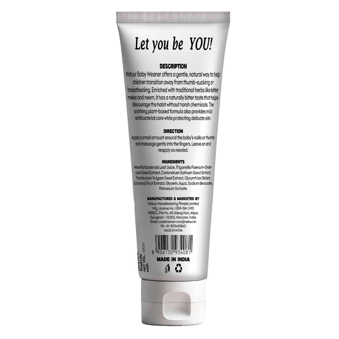 Back of Natuur.in Baby Weaner tube showing product description, ingredients, and usage instructions on white label.