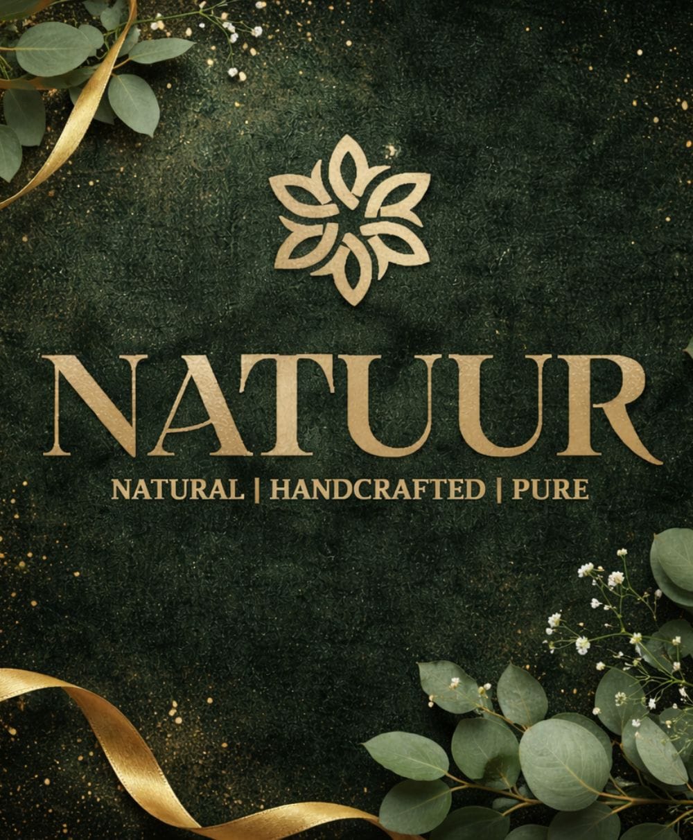 Natuur.in branding featuring gold logo and text on a dark green textured background with leaves and gold ribbon