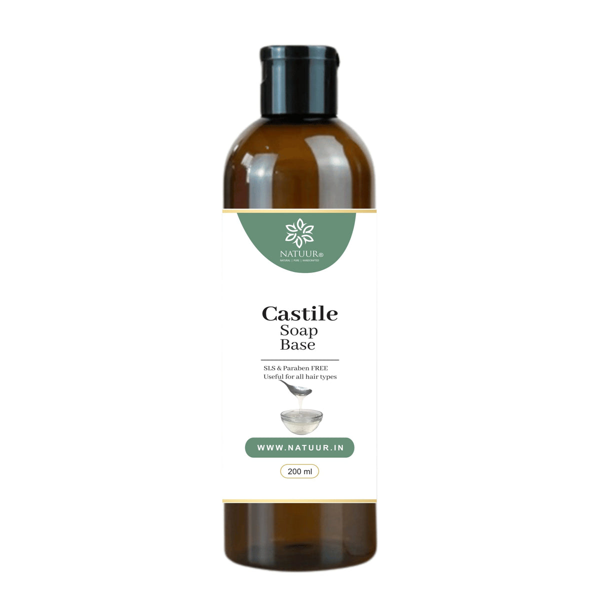 Natuur.in pure castile soap base in a 200ml amber plastic bottle, gentle olive oil formula for all hair types.