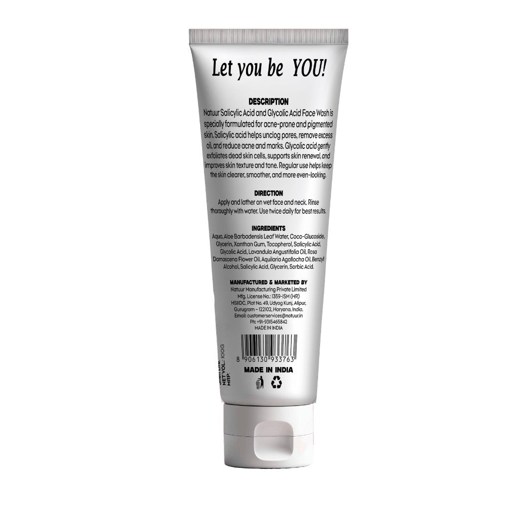 Back of Natuur.in Clarifying Cleanser tube showing ingredients, directions, and product information.