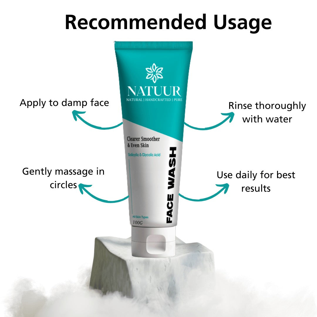 Natuur.in clarifying face wash tube with salicylic and glycolic acid on a stone pedestal with usage instructions.