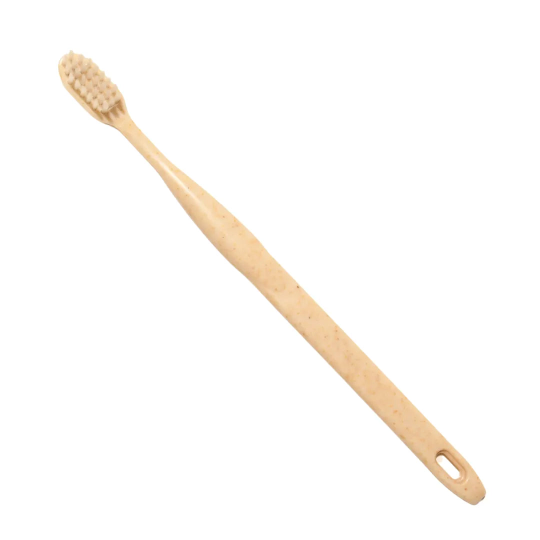 Natuur.in Daito toothbrush with extra soft bristles and a beige speckled octagonal handle for a secure grip.