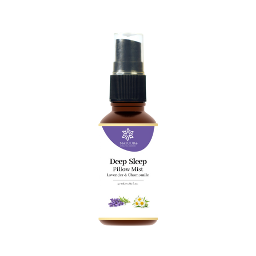 Natuur.in Deep Sleep Pillow Mist with lavender and chamomile essential oils in a 50ml spray bottle for relaxation.