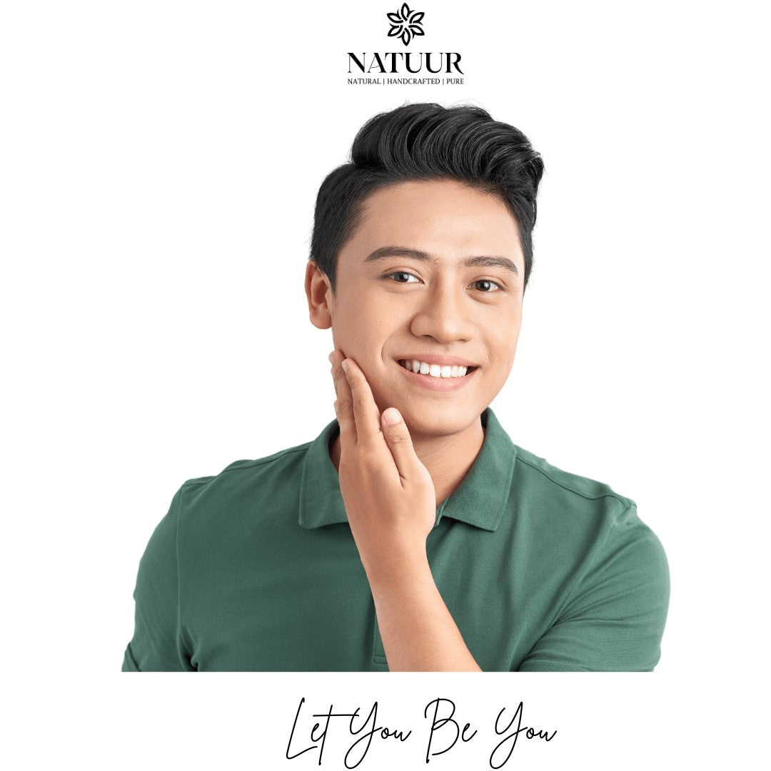 Natuur.in EDGE gentle shaving cream model smiling with smooth skin after using tea tree and peppermint formula