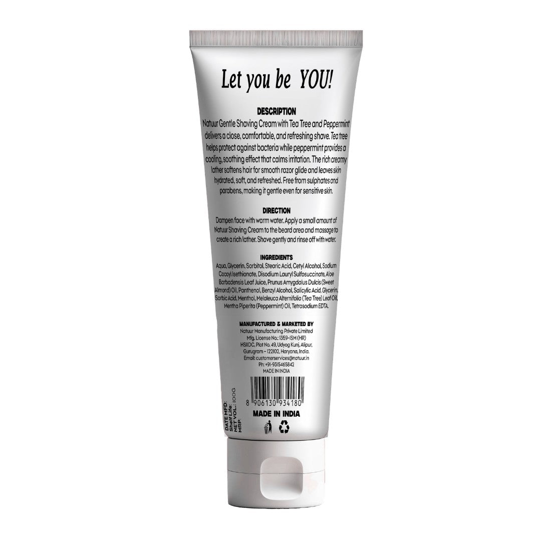 Natuur.in EDGE gentle shaving cream tube featuring tea tree, peppermint, and aloe vera ingredients list