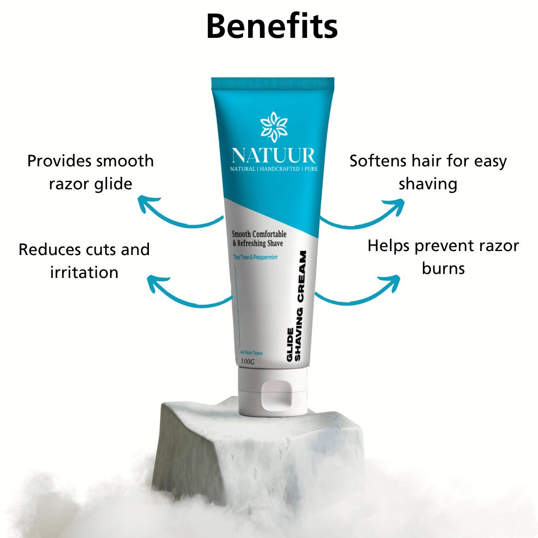 Natuur.in EDGE gentle shaving cream tube with tea tree and peppermint on a stone pedestal for smooth shaving
