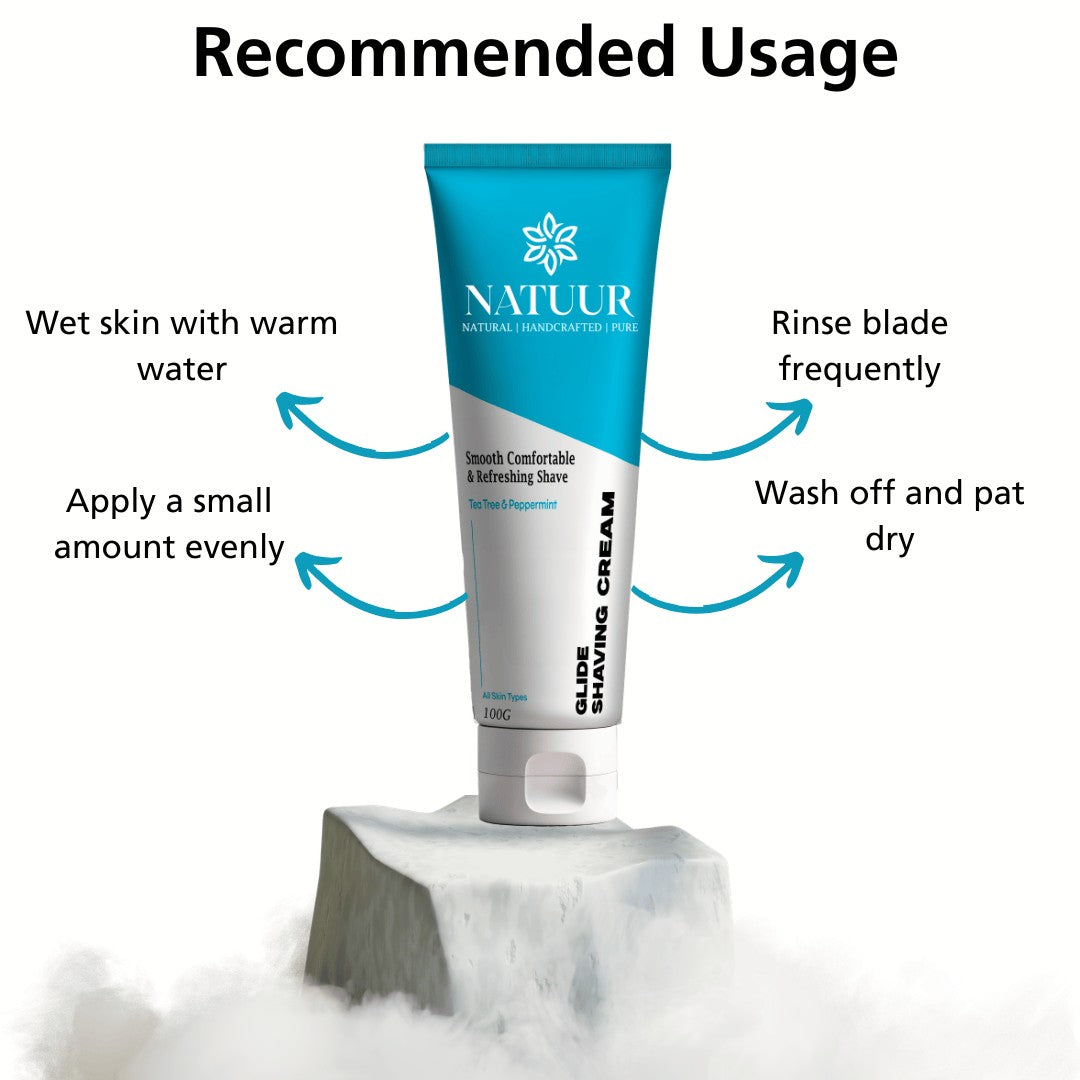 Natuur.in EDGE gentle shaving cream tube with tea tree, peppermint, and aloe vera on a stone base with usage steps.