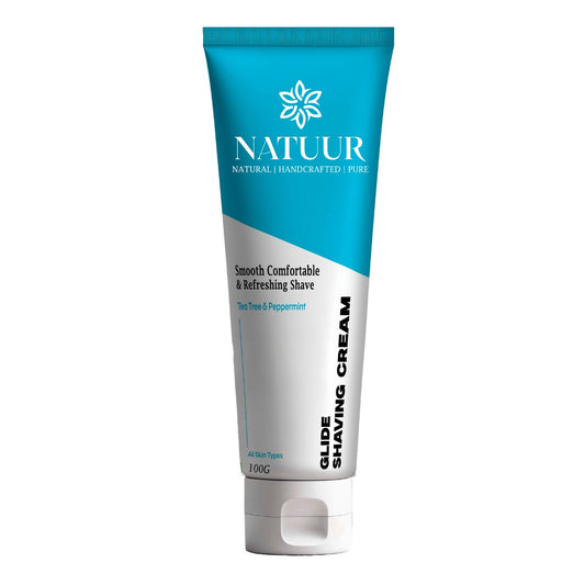 Natuur.in EDGE gentle shaving cream tube with tea tree, peppermint, and aloe vera for a smooth, comfortable shave.