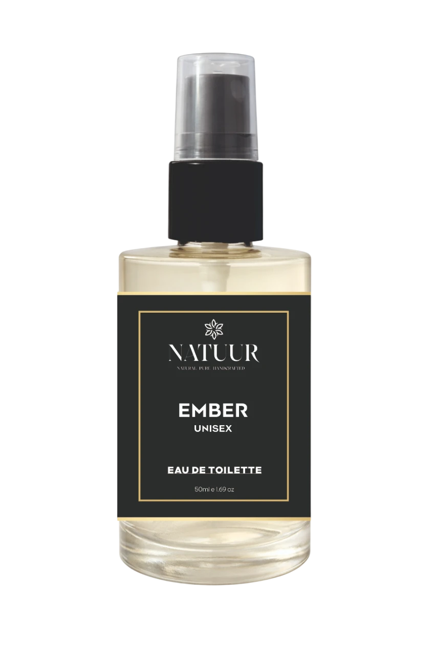 Natuur.in Ember unisex eau de toilette in a clear glass spray bottle with a black label and cap.