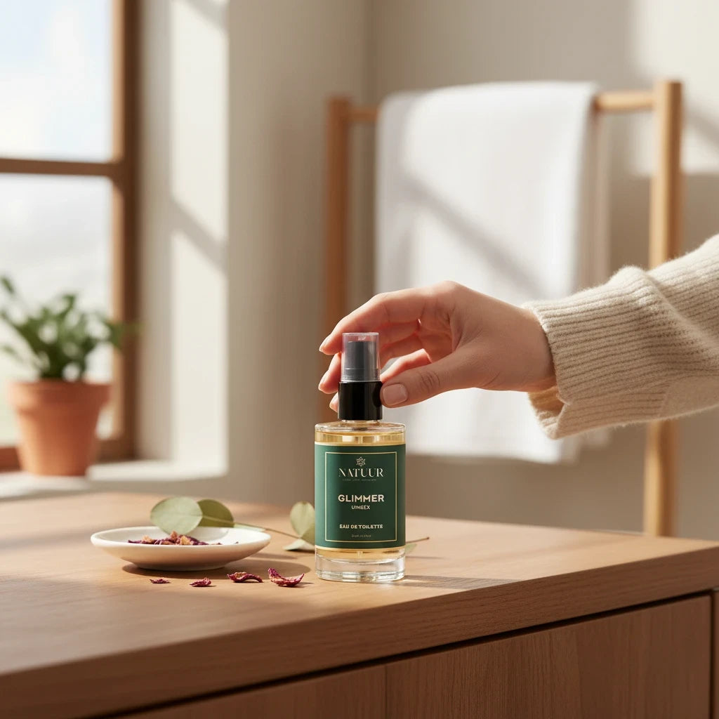 Natuur.in Glimmer eau de toilette bottle held by a hand on a wooden table with dried petals in a sunlit room