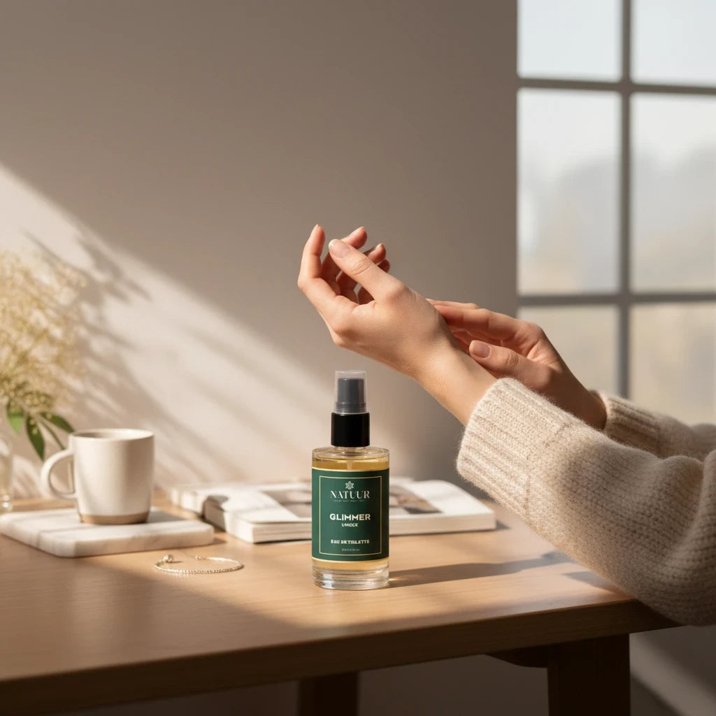 Natuur.in Glimmer Eau de Toilette bottle on a wooden table with a person applying fragrance to their wrist