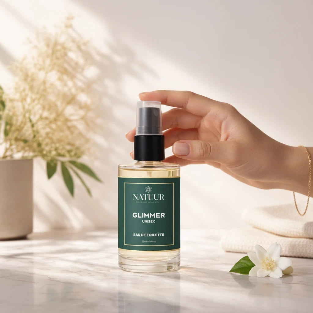 Natuur.in Glimmer unisex eau de toilette bottle held by a hand on a marble surface with a white flower and soft light.